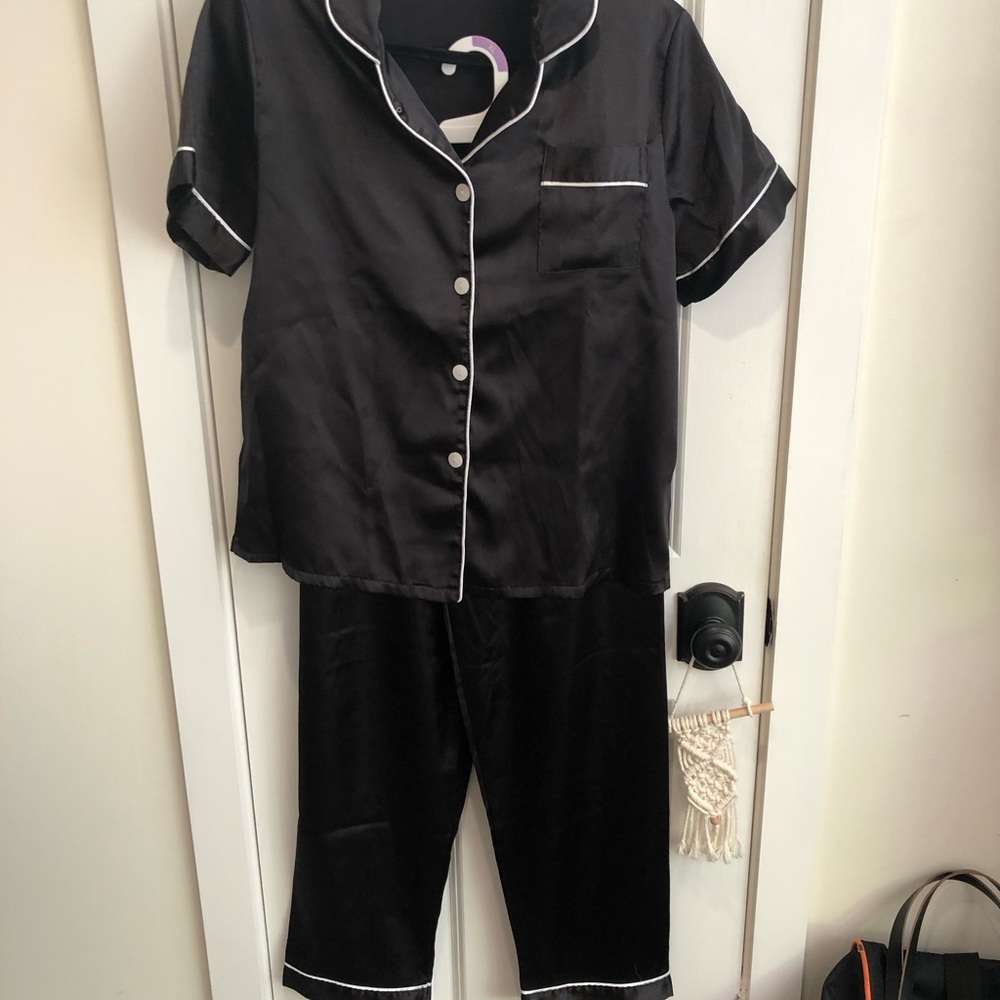 Black Satin Short-Sleeve Pajama Set with White Piping